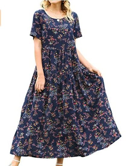 Women Floral Long Dress Short Sleeve Polyester Picture Color 3 XL Size: XL; Height (cm): 170-175; Weight (kg): 60-65; Bust (cm): 94-98; Waist (cm): 78-82; Shoulder width (cm): 40; Length (cm): 64