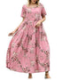 Women Floral Long Dress Short Sleeve Polyester Picture Color 4 XS