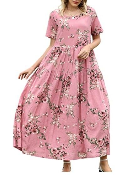 Women Floral Long Dress Short Sleeve Polyester Picture Color 4 XXL Size: XXL; Height (cm): 175-180; Weight (kg): 65-70; Bust (cm): 98-102; Waist (cm): 82-86; Shoulder width (cm): 41; Length (cm): 66