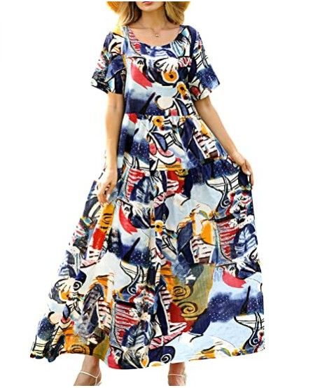 Women Floral Long Dress Short Sleeve Polyester Picture Color 9 XXL Size: XXL; Height (cm): 175-180; Weight (kg): 65-70; Bust (cm): 98-102; Waist (cm): 82-86; Shoulder width (cm): 41; Length (cm): 66