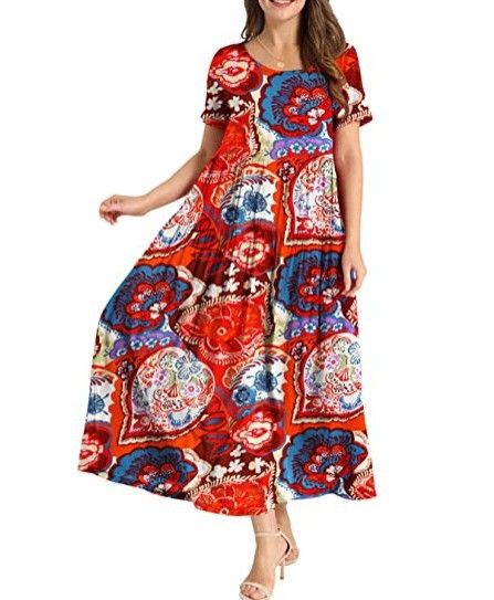 Women Floral Long Dress Short Sleeve Polyester Picture color 10 XL Size: XL; Height (cm): 170-175; Weight (kg): 60-65; Bust (cm): 94-98; Waist (cm): 78-82; Shoulder width (cm): 40; Length (cm): 64