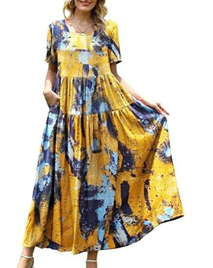 Women Floral Long Dress Short Sleeve Polyester Picture Color 11 XXL Size: XXL; Height (cm): 175-180; Weight (kg): 65-70; Bust (cm): 98-102; Waist (cm): 82-86; Shoulder width (cm): 41; Length (cm): 66