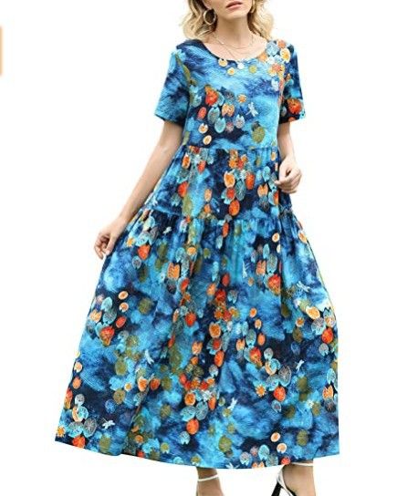 Women Floral Long Dress Short Sleeve Polyester Picture color 12 M Size: M; Height (cm): 160-165; Weight (kg): 50-55; Bust (cm): 86-90; Waist (cm): 70-74; Shoulder width (cm): 38; Length (cm): 60