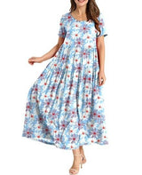 Women Floral Long Dress Short Sleeve Polyester Picture Color 14 XS