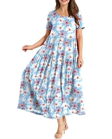 Women Floral Long Dress Short Sleeve Polyester Picture Color 14 Size: L; Height (cm): 165-170; Weight (kg): 55-60; Bust (cm): 90-94; Waist (cm): 74-78; Shoulder width (cm): 39; Length (cm): 62