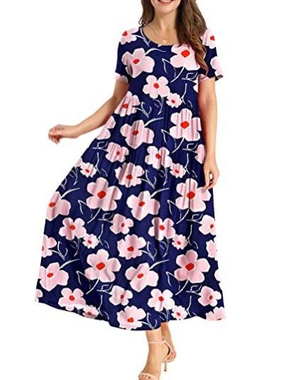 Women Floral Long Dress Short Sleeve Polyester Picture color 15 Size: S; Height (cm): 155-160; Weight (kg): 45-50; Bust (cm): 82-86; Waist (cm): 66-70; Shoulder width (cm): 37; Length (cm): 58