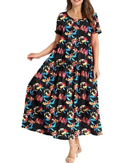 Women Floral Long Dress Short Sleeve Polyester Picture Color 16 Size: S; Height (cm): 155-160; Weight (kg): 45-50; Bust (cm): 82-86; Waist (cm): 66-70; Shoulder width (cm): 37; Length (cm): 58