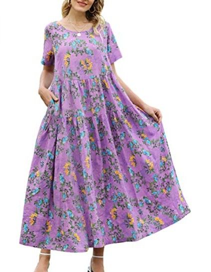 Women Floral Long Dress Short Sleeve Polyester Picture Color 18 Size: S; Height (cm): 155-160; Weight (kg): 45-50; Bust (cm): 82-86; Waist (cm): 66-70; Shoulder width (cm): 37; Length (cm): 58