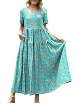 Women Floral Long Dress Short Sleeve Polyester Picture color 19 XXXL