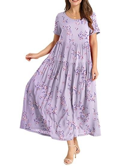 Women Floral Long Dress Short Sleeve Polyester Picture color 20 XS
