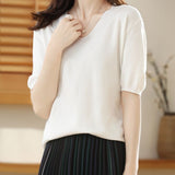 Women V Neck Knit Sweater Half Sleeve Pullover White M Size: M; Height (cm): 160-165; Weight (kg): 50-55; Bust (cm): 86-90; Waist (cm): 70-74; Shoulder width (cm): 38; Length (cm): 60