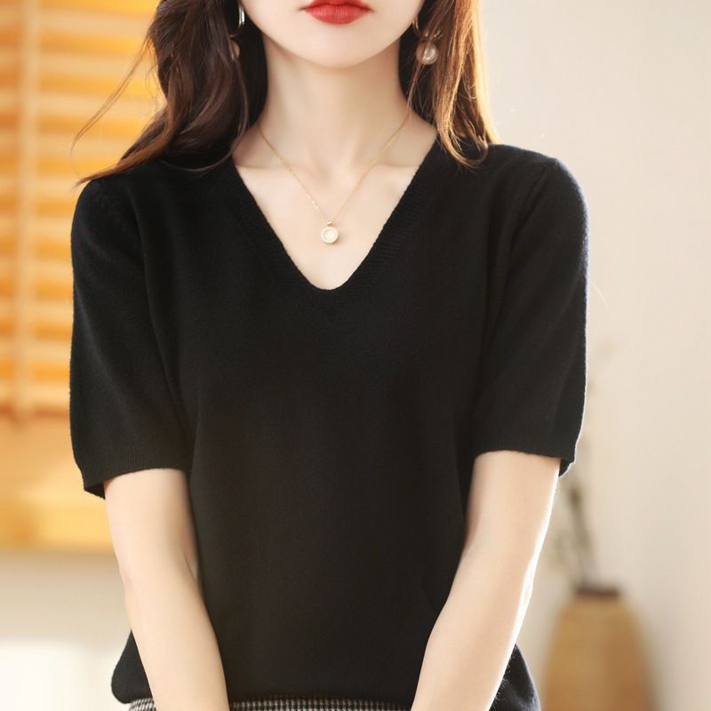 Women V Neck Knit Sweater Half Sleeve Pullover Black XXL Size: XXL; Height (cm): 175-180; Weight (kg): 65-70; Bust (cm): 98-102; Waist (cm): 82-86; Shoulder width (cm): 41; Length (cm): 66