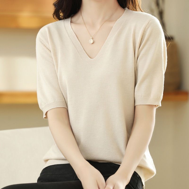 Women V Neck Knit Sweater Half Sleeve Pullover Beige XL Size: XL; Height (cm): 170-175; Weight (kg): 60-65; Bust (cm): 94-98; Waist (cm): 78-82; Shoulder width (cm): 40; Length (cm): 64