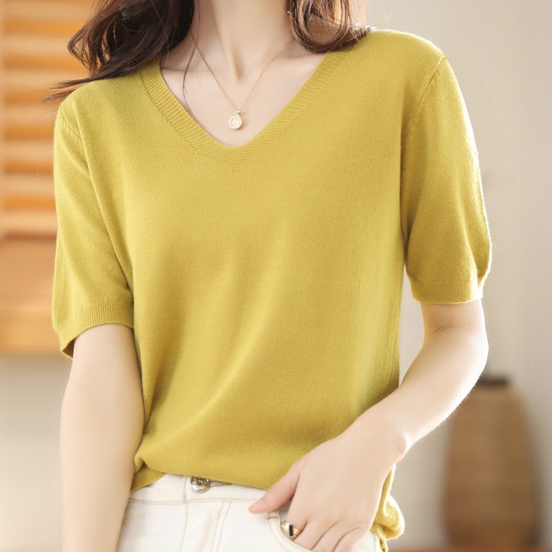 Women V Neck Knit Sweater Half Sleeve Pullover Autumn leaves yellow XXL Size: XXL; Height (cm): 175-180; Weight (kg): 65-70; Bust (cm): 98-102; Waist (cm): 82-86; Shoulder width (cm): 41; Length (cm): 66