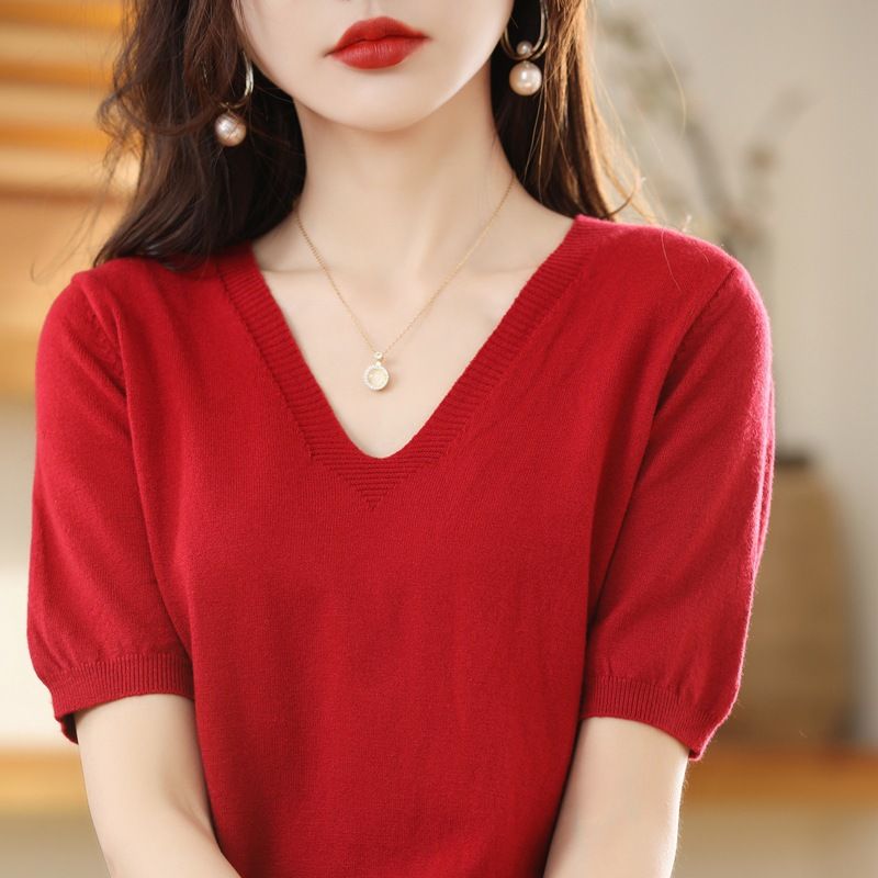 Women V Neck Knit Sweater Half Sleeve Pullover Rust red M Size: M; Height (cm): 160-165; Weight (kg): 50-55; Bust (cm): 86-90; Waist (cm): 70-74; Shoulder width (cm): 38; Length (cm): 60