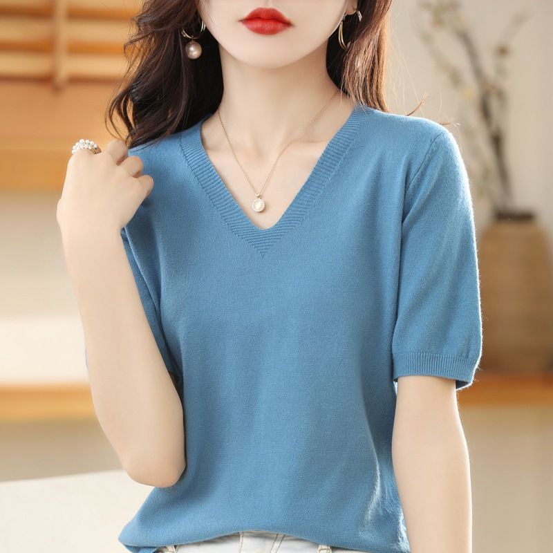 Women V Neck Knit Sweater Half Sleeve Pullover Haze Blue XXL Size: XXL; Height (cm): 175-180; Weight (kg): 65-70; Bust (cm): 98-102; Waist (cm): 82-86; Shoulder width (cm): 41; Length (cm): 66