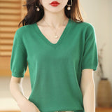 Women V Neck Knit Sweater Half Sleeve Pullover Emerald L Size: L; Height (cm): 165-170; Weight (kg): 55-60; Bust (cm): 90-94; Waist (cm): 74-78; Shoulder width (cm): 39; Length (cm): 62