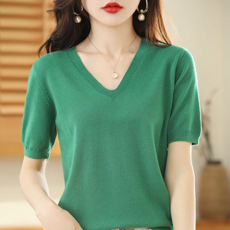 Women V Neck Knit Sweater Half Sleeve Pullover Emerald L Size: L; Height (cm): 165-170; Weight (kg): 55-60; Bust (cm): 90-94; Waist (cm): 74-78; Shoulder width (cm): 39; Length (cm): 62