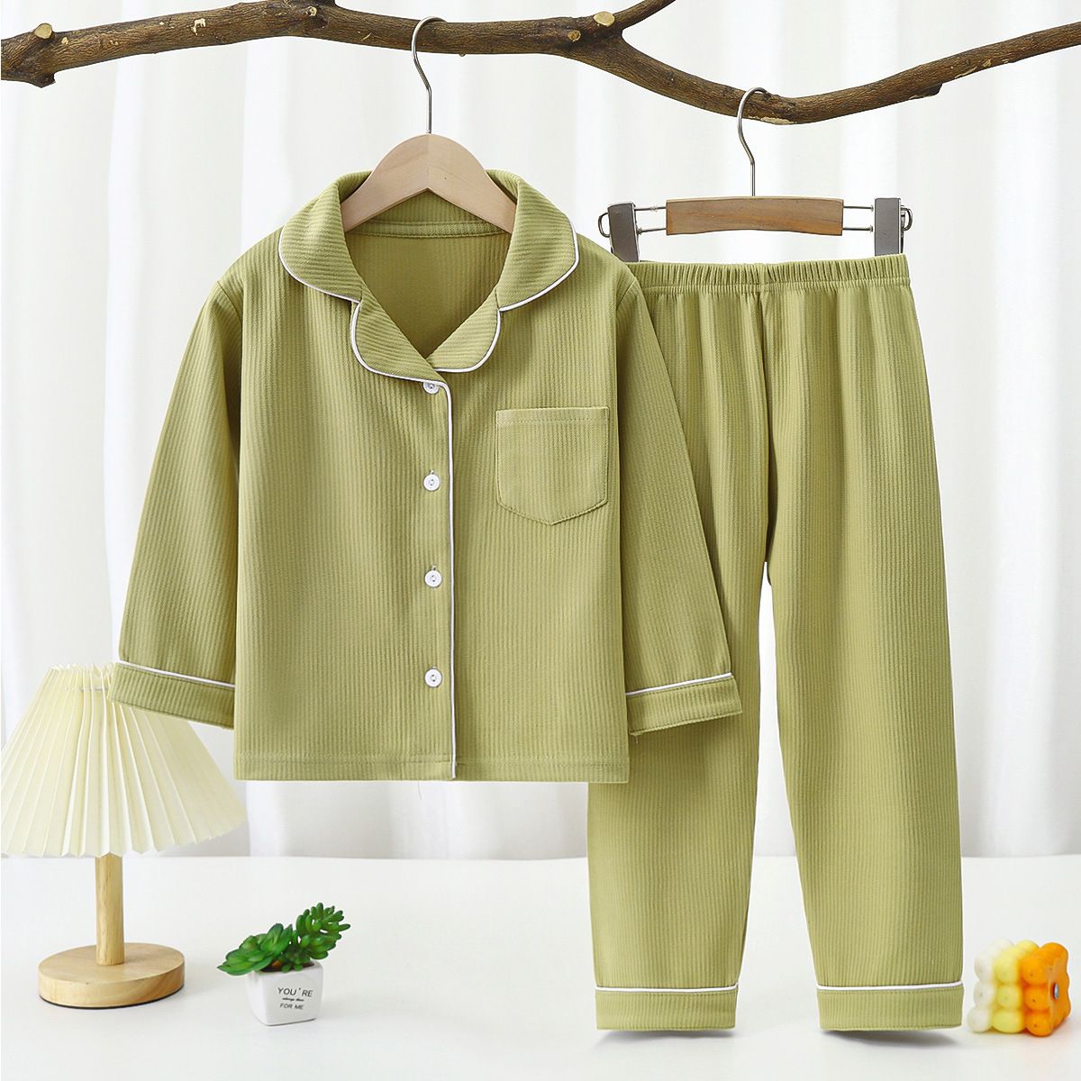 Yi Mei Kids Pajamas De Velvet Long Sleeve Two Piece Set SY06-Pajamas Bean Green 180cm