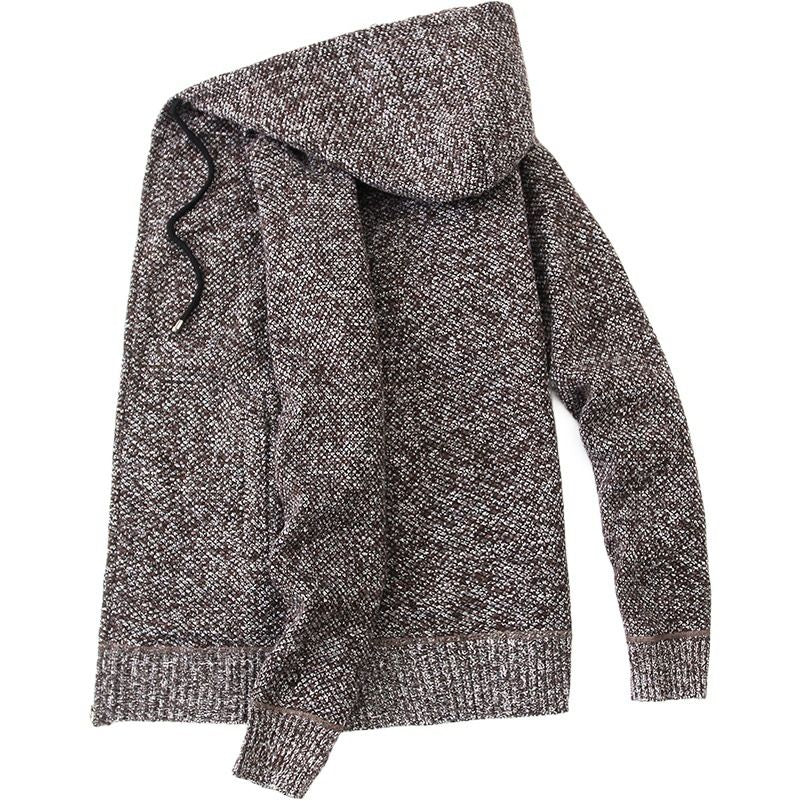 Men Hooded Thick Knitwear Loose Long Sleeve Coffee 3XL