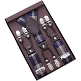 European Fan 6 Clip Men Suspenders Polyester Adjustable Plaid: navy blue