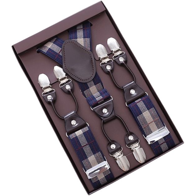 European Fan 6 Clip Men Suspenders Polyester Adjustable Plaid: navy blue
