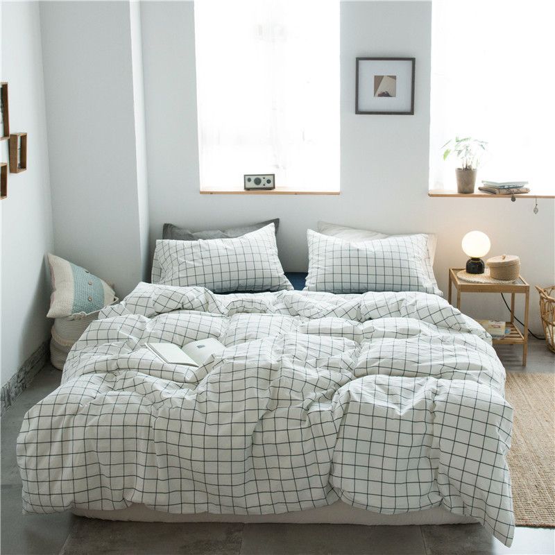 Cotton 4 Piece Set Modern Minimalist White Bed hat kit_1.8m bed-quilt cover 200x 230cm (four-piece set)