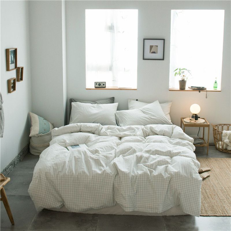 Cotton 4 Piece Set Modern Minimalist White Bed hat kit_1.8m bed-quilt cover 200x 230cm (four-piece set)