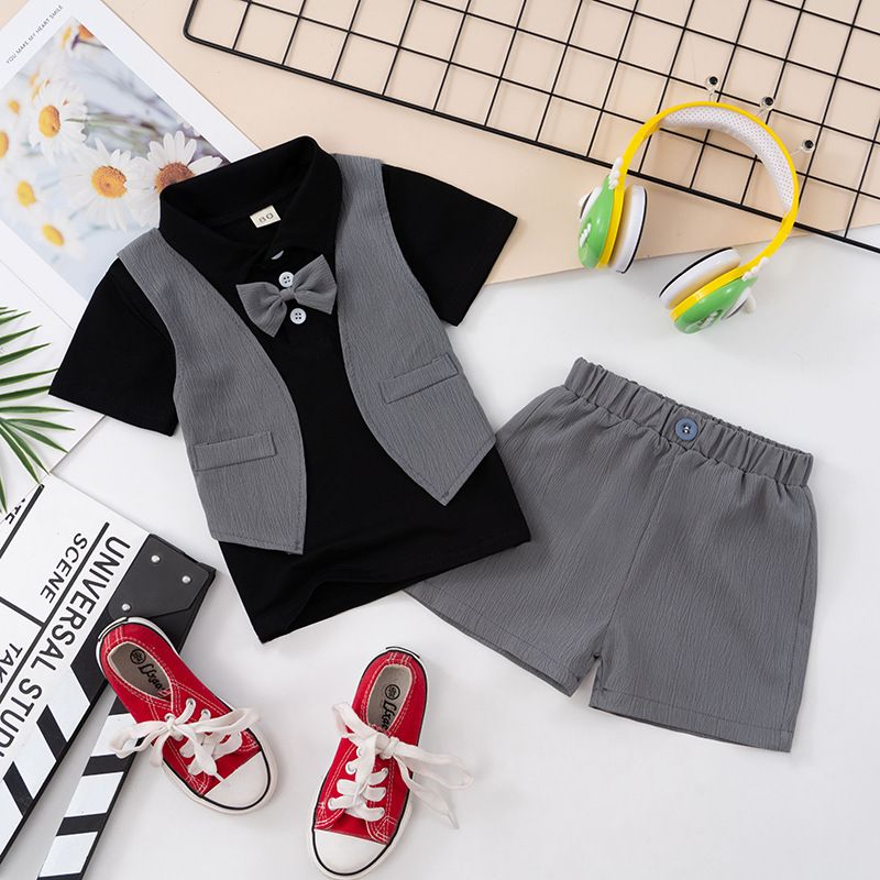 Boys Summer Cotton Suit Short Sleeve Two Piece Set Black 90cm