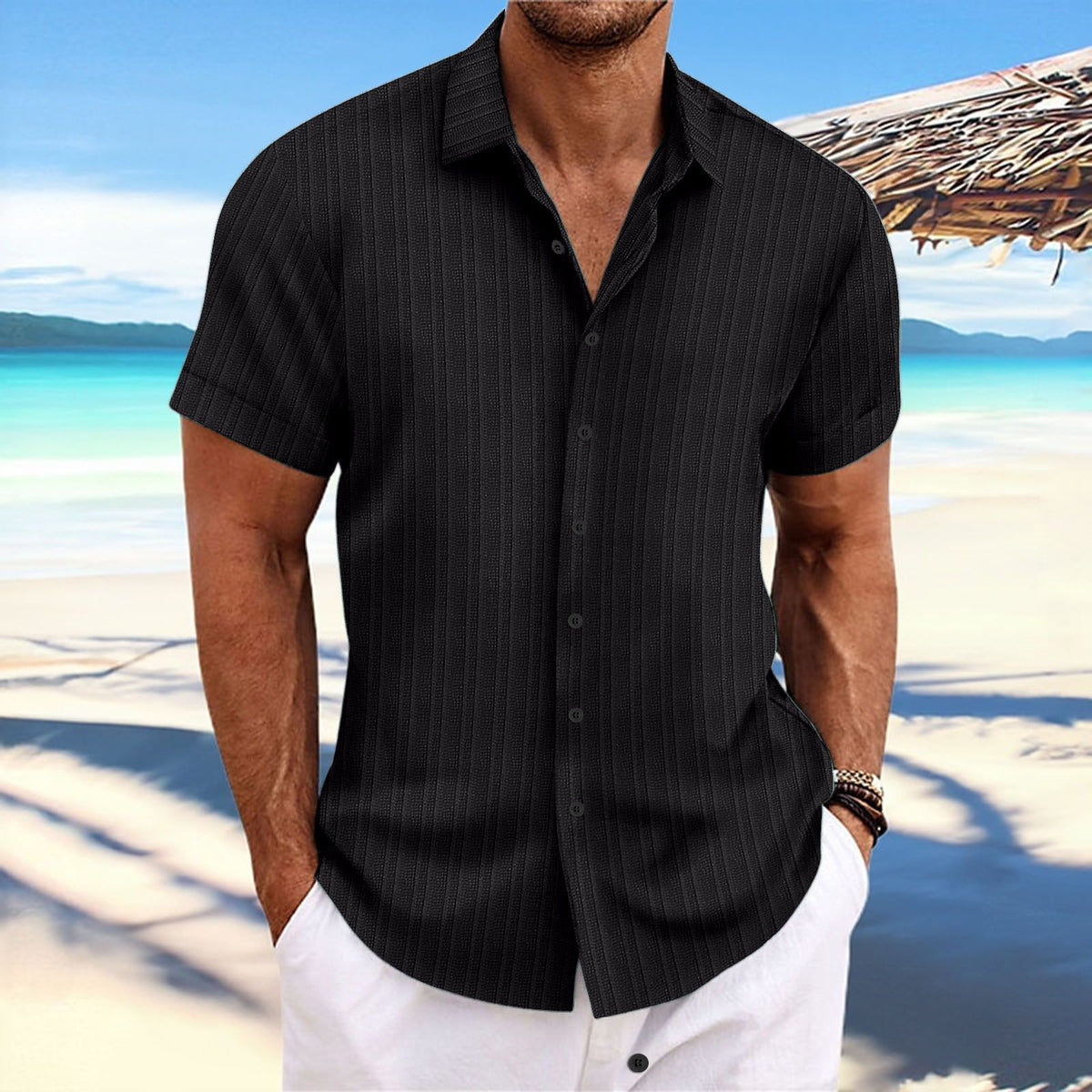 Men Cotton Linen Striped Casual Shirt Black