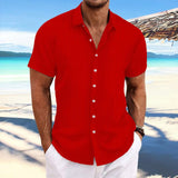 Men Cotton Linen Striped Casual Shirt Red