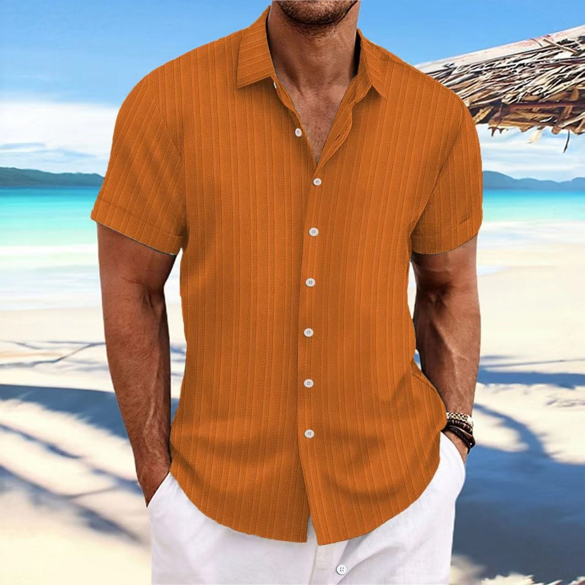 Men Cotton Linen Striped Casual Shirt Orange XXXL