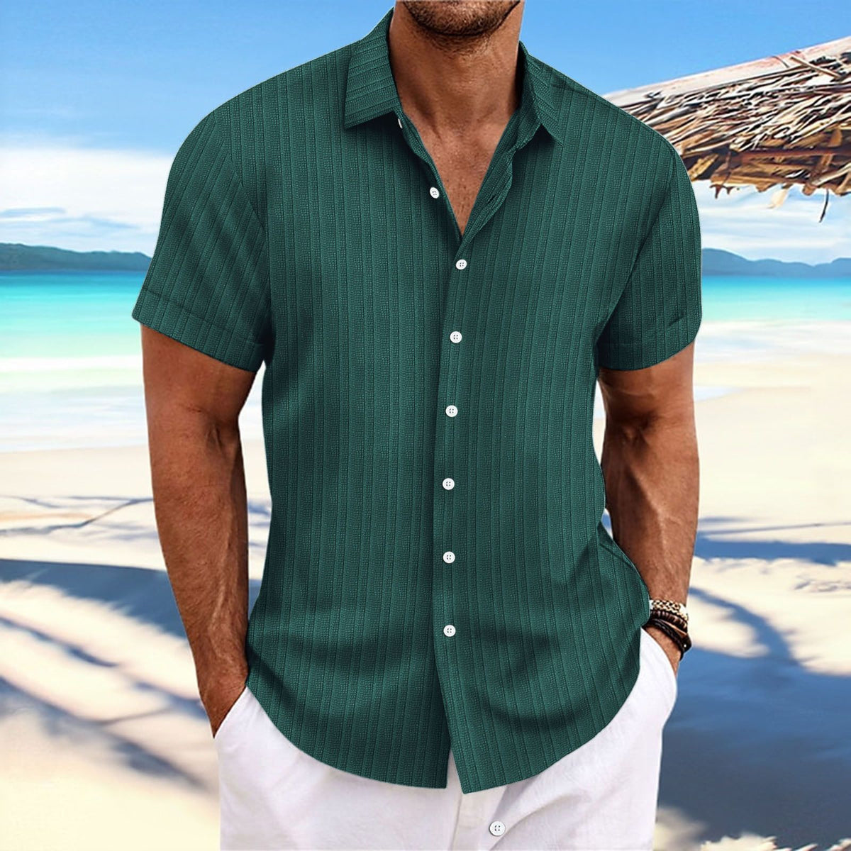 Men Cotton Linen Striped Casual Shirt Dark green XXXL