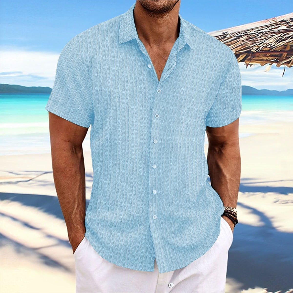 Men Cotton Linen Striped Casual Shirt Light blue