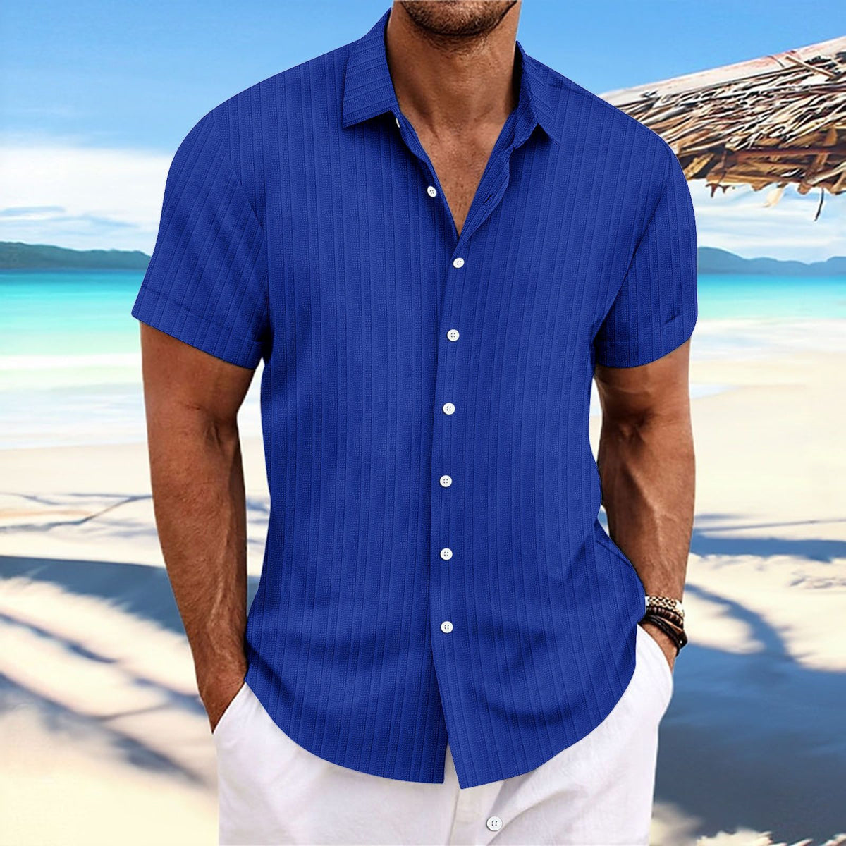 Men Cotton Linen Striped Casual Shirt Blue