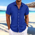 Men Cotton Linen Striped Casual Shirt Blue XXL