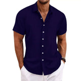 Men Cotton Linen Striped Casual Shirt Navy blue