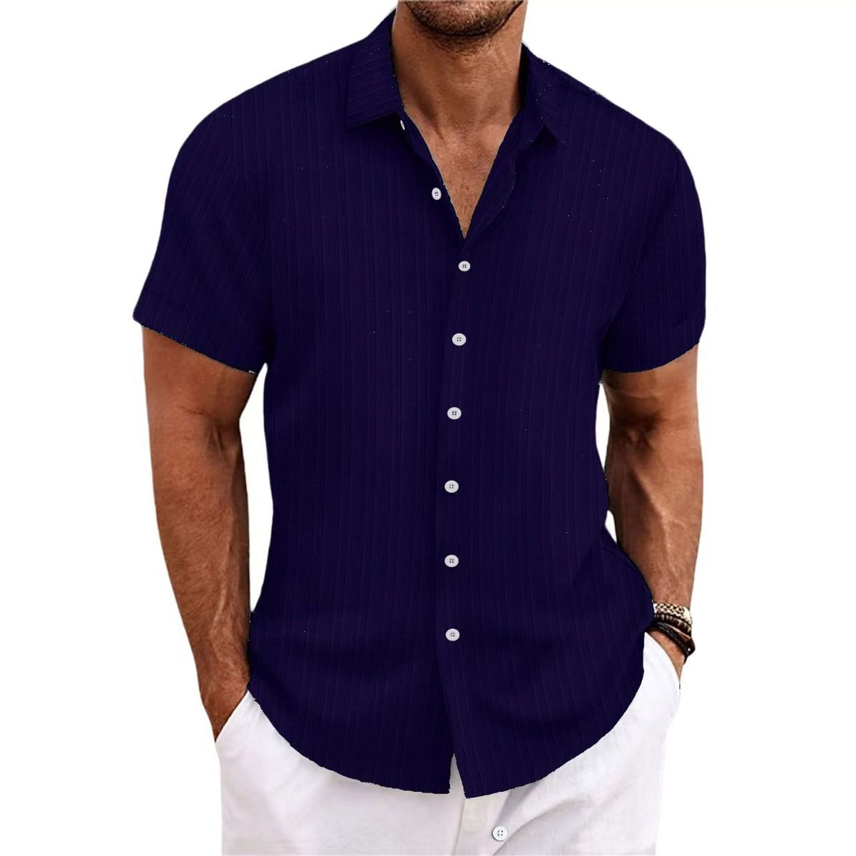 Men Cotton Linen Striped Casual Shirt Navy blue XL