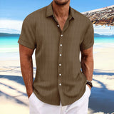 Men Cotton Linen Striped Casual Shirt Brown XXXL
