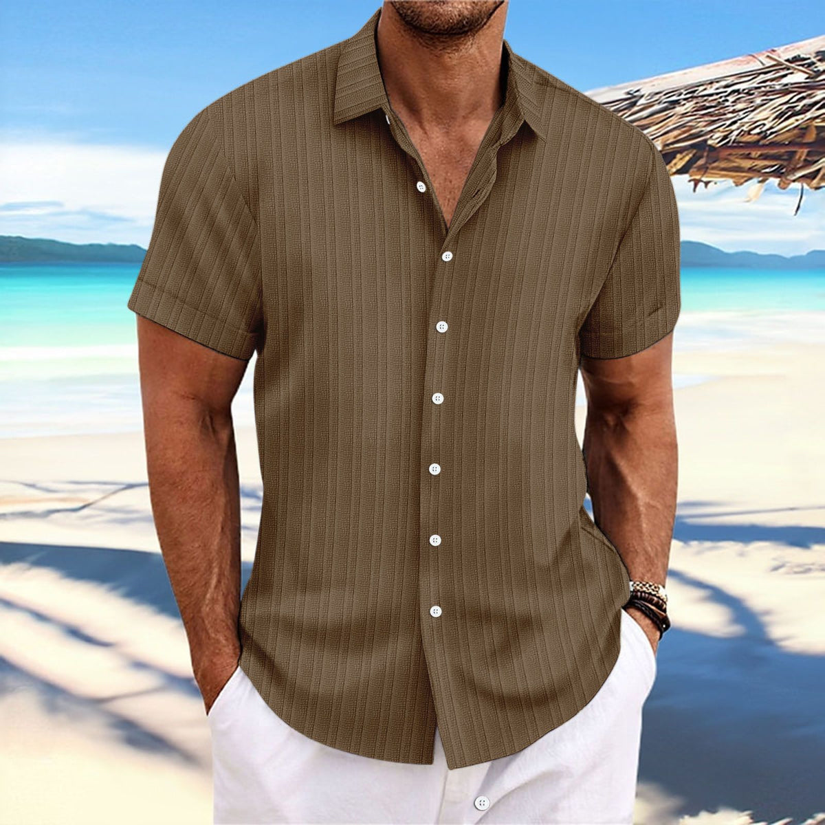 Men Cotton Linen Striped Casual Shirt Brown XXXL