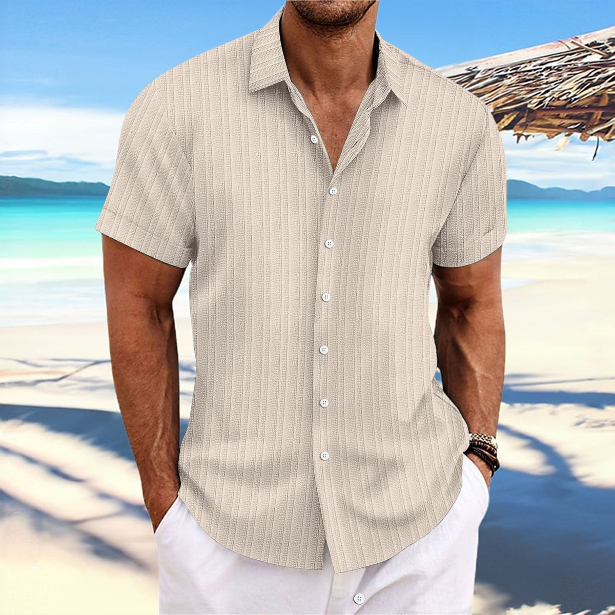 Men Cotton Linen Striped Casual Shirt Khaki