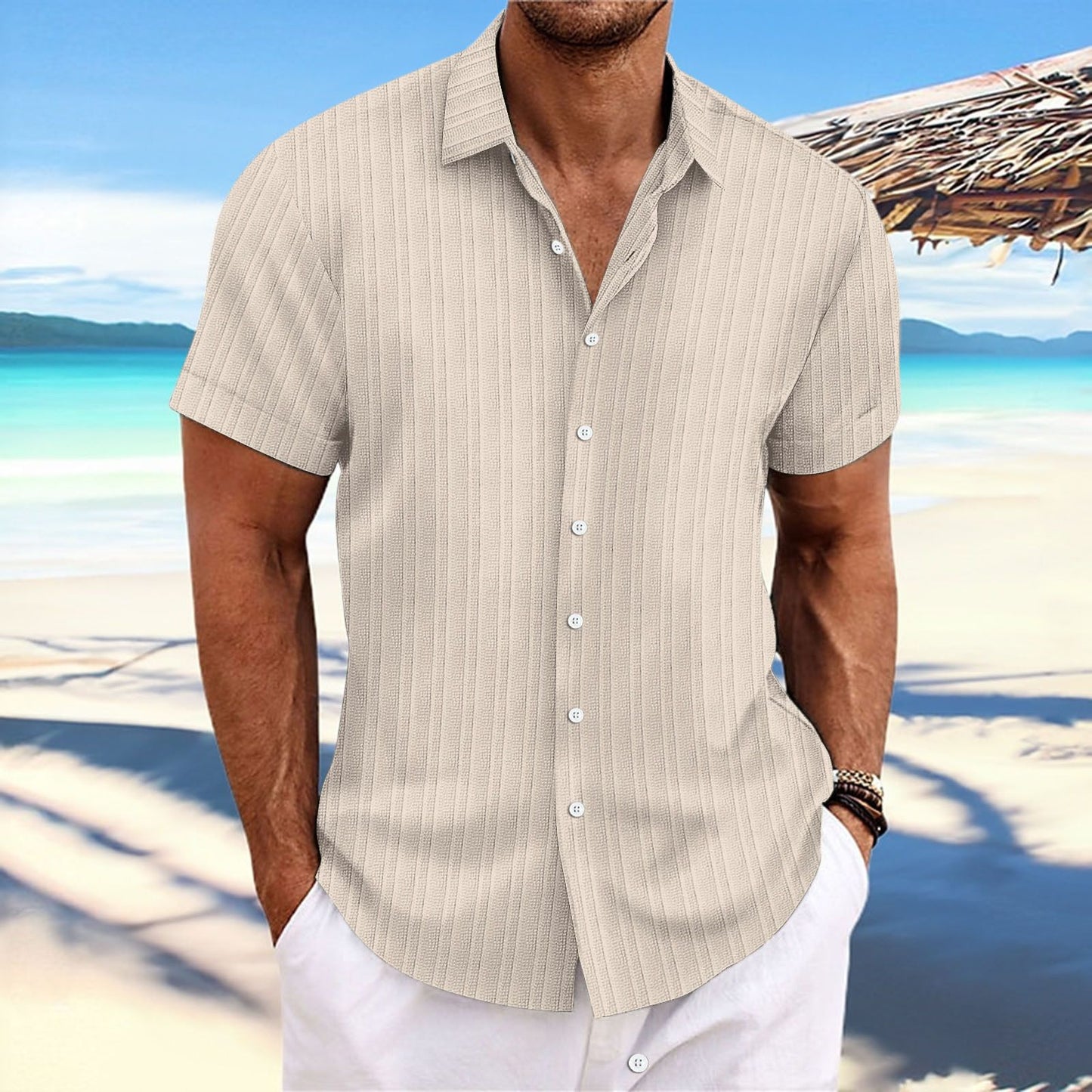 Men Cotton Linen Striped Casual Shirt Khaki XXXL