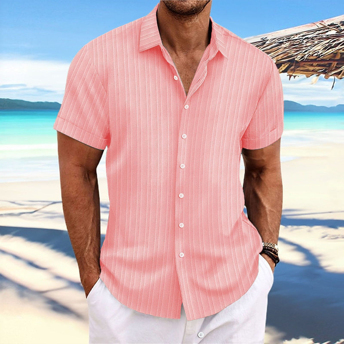 Men Cotton Linen Striped Casual Shirt Peach