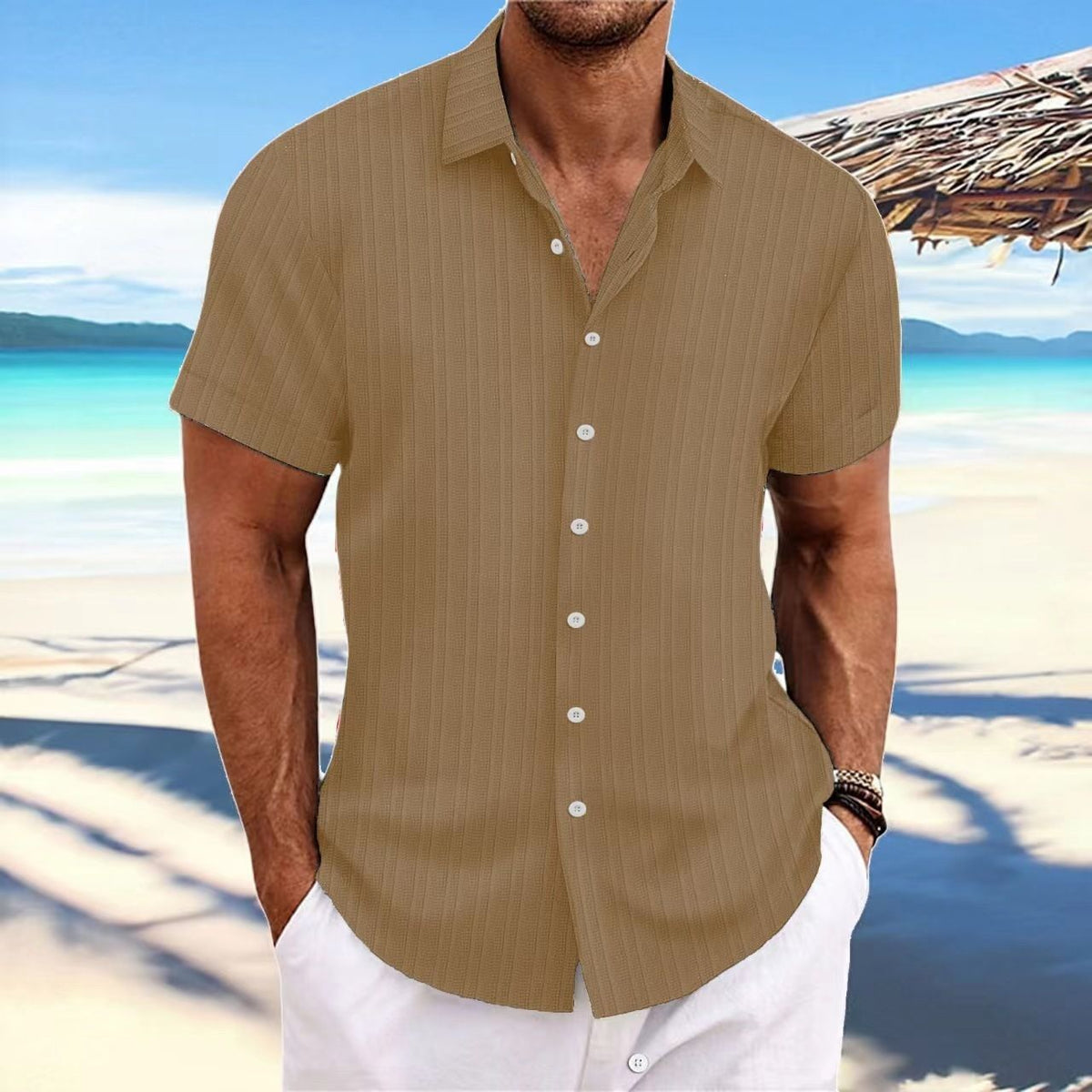 Men Cotton Linen Striped Casual Shirt Caramel XXXL