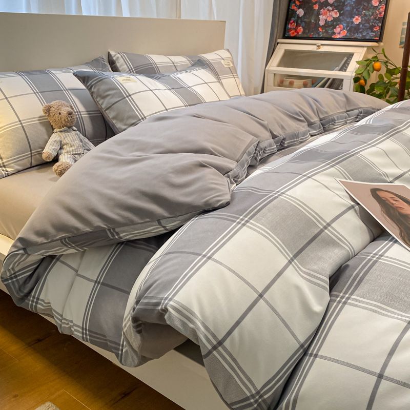 Qianjin Cotton Solid Color 4 Piece Bedding Set California Big Gray 0.9/1.2 m bed student three-piece quilt cover 150*200cm sheet 160*230cm pillowcase 48*74*1