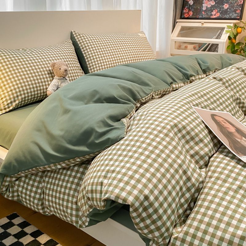 Qianjin Cotton Solid Color 4 Piece Bedding Set Grass green small grid 0.9/1.2 m bed student three-piece quilt cover 150*200cm sheet 160*230cm pillowcase 48*74*1
