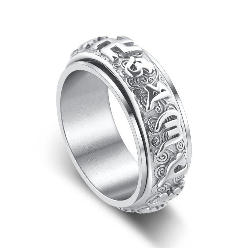 shengshu Six Syllable Mantra Rotating Ti Steel Men Ring Silver US No. 9