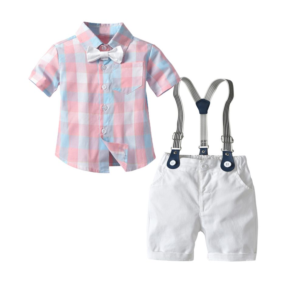 Bugava Boys Plaid Shirt Suspenders Set Summer Cotton Pink plaid shirt + suspenders 150cm