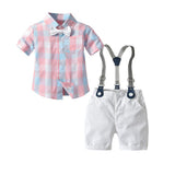 Bugava Boys Plaid Shirt Suspenders Set Summer Cotton Pink plaid shirt + suspenders 140cm