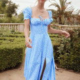 Hongyi Floral Long Dress Summer 2026 Sky Blue small broken flower New Flower 3XL